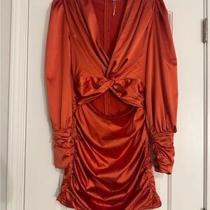 Elegant Satin Long Sleeve Dress in Bold Orange